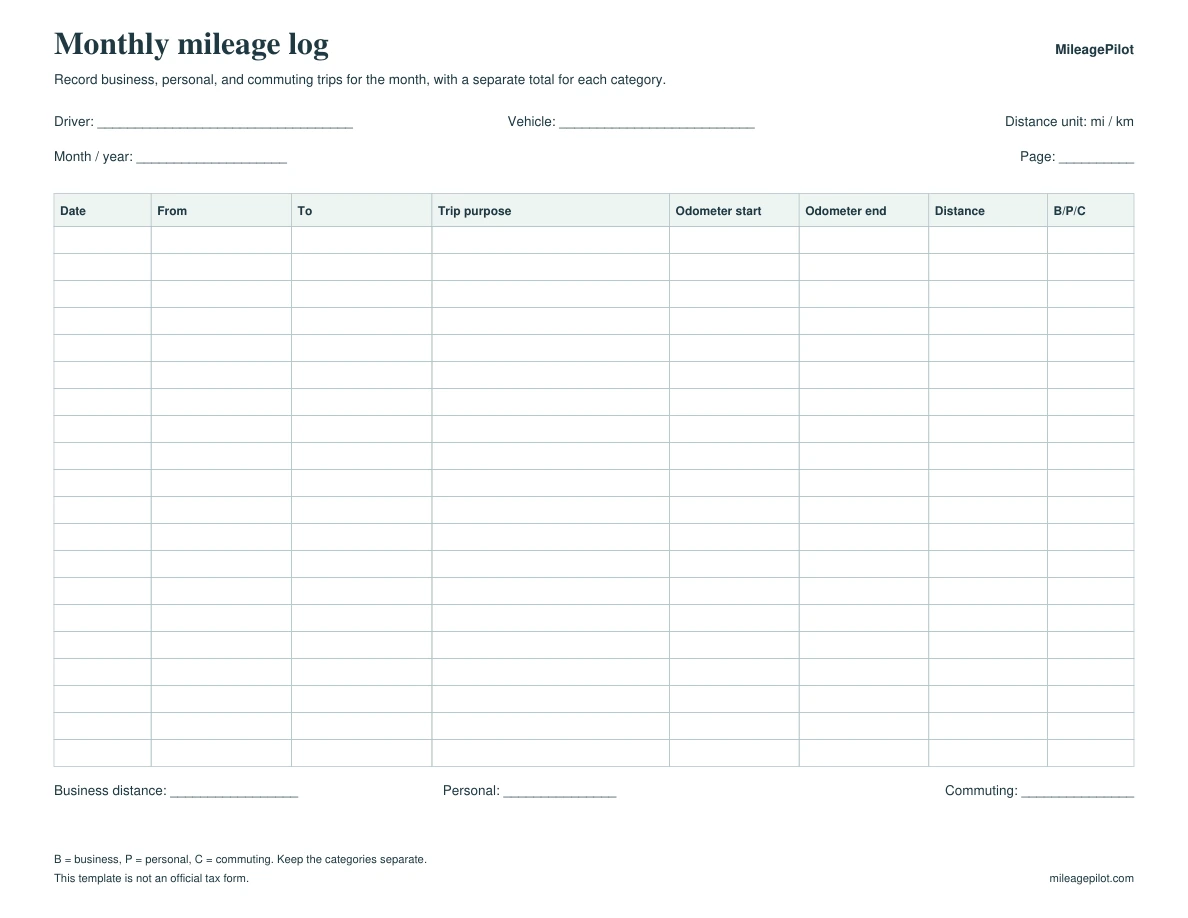 Preview of the monthly mileage log PDF
