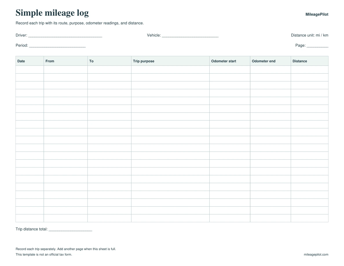 Simple printable mileage log with blank date, route, purpose, odometer, and distance columns